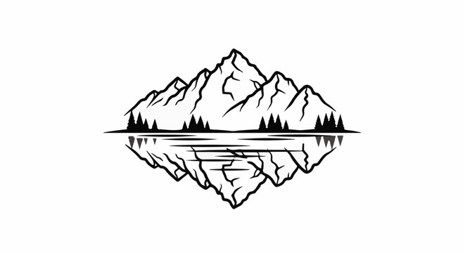 Stylized mountain range reflected in water with trees (1)