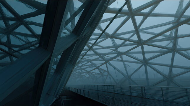 Modern steel and glass grid canopy over an empty walkway, repeating geometry and symmetry fading into mist for a moody, futuristic urban perspective
