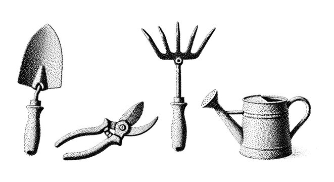 Set of vintage gardening tools including a trowel, pruners, cultivator, and watering can