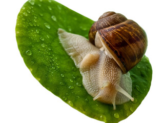 High-detailed macro shot of a garden snail on a vibrant green leaf covered with morning dew. Natural texture and wildlife concept.  © Oksana  Sukhoverko 