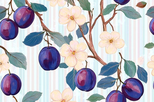 decorative plums and sliced fruit with branches and soft blue leaves on striped background textured hand drawn seamless pattern elegant fruit design for fabric packaging and decor