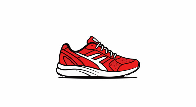 A red athletic shoe with white laces and accents, detailed drawing