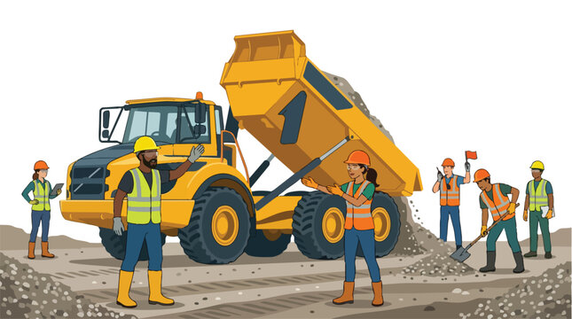 Construction Site Workers Operating Dump Truck Vector Illustration Showing Diverse Team Collaborating on Roadwork Project