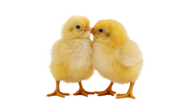 Two fluffy yellow chicks cuddling close together