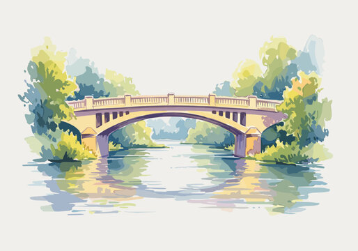 Watercolor painting of a stone bridge arching over a calm river surrounded by lush greenery