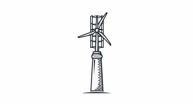 Stylized sketch of a vertical axis wind turbine atop a brick tower