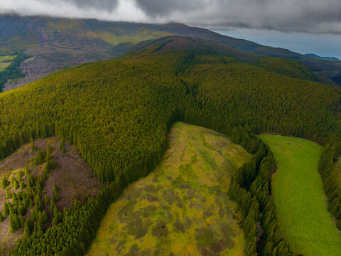 Aerial view of a vast, dark green forest meeting a vibrant mosaic of lighter green fields, all under a dramatic cloudy sky, Terceira, Azores, Portugal.