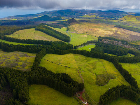 Aerial view of vibrant green fields carved by dark emerald tree lines, stretching towards distant misty mountains under a dramatic sky, Terceira, Azores, Portugal.