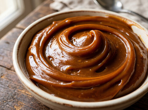 Rich traditional mexican caramel sauce or cajeta in a bowl