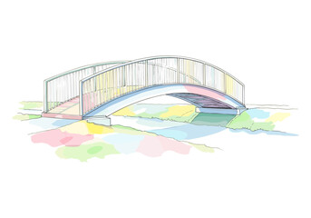 Fototapeta premium Delicate watercolor illustration of a charming pedestrian bridge arching over a gentle stream