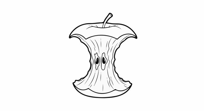 A black and white illustration of a leftover apple core with seeds visible
