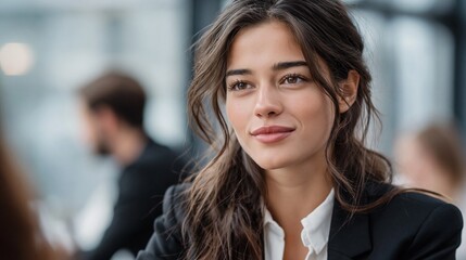 Obraz premium Business meeting takes place in a modern office where a woman listens and engages with her colleagues in conversation during the afternoon