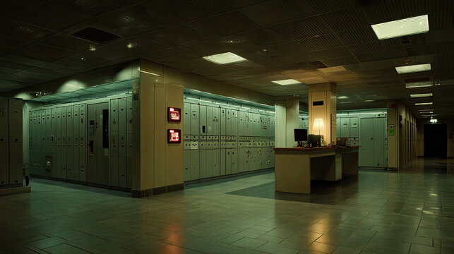 Long corridor featuring numerous server cabinets, a central monitoring desk with computer screens, and a small lamp, creating an empty, eerie atmosphere