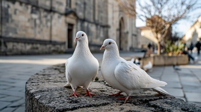 Two white pigeons stand on a stone ledge in a city square near a historic building in daylight
