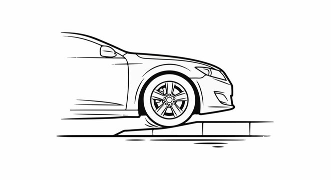 A stylized line drawing of a car's front wheel on a ramp