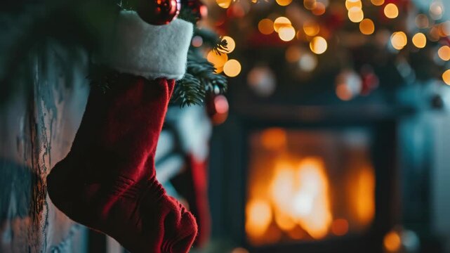 A warm holiday setting featuring two red stockings hanging by a fireplace adorned with festive lights.