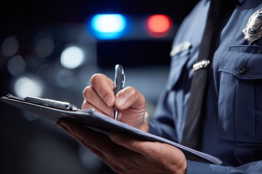 Close-up of Police Officer Taking Notes During Missing Person Report at Night With Emergency Lights in the Background