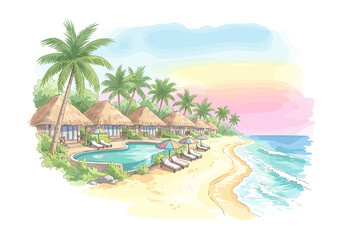 Obraz premium Tropical beach resort with bungalows, swimming pool, and ocean view at sunset