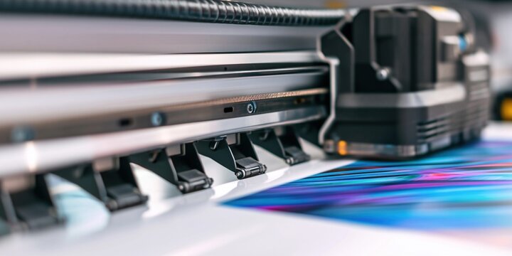 Close-up of a large format printer head precisely printing vibrant colors onto a vinyl sheet