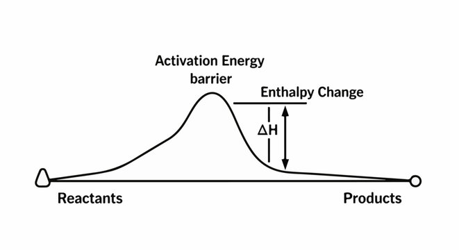 Chemical reaction energy profile showing activation barrier and enthalpy change