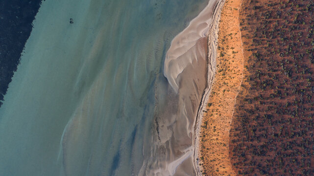 Aerial view of the meeting of turquoise waters and the rugged coastline, where the sandy beach meets the arid landscape, Denham, Western Australia, Australia.