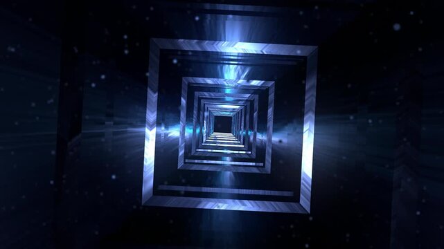 Futuristic Blue Sci-Fi Tunnel with Glowing Light Beams and Digital Particle Effects in Deep Space - 4K Motion Graphics