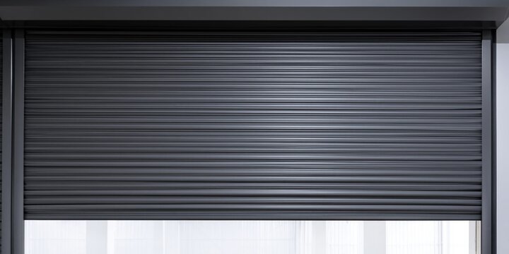 Close-up view of a dark gray industrial roll-up security shutter covering a window