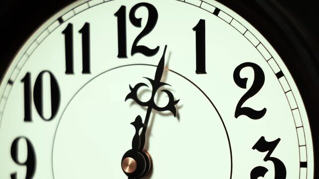 A close-up time lapse of a white analog clock face with ornate black hands spinning rapidly past twelve. Concept of deadline urgency, midnight countdown, and fast schedule management.
