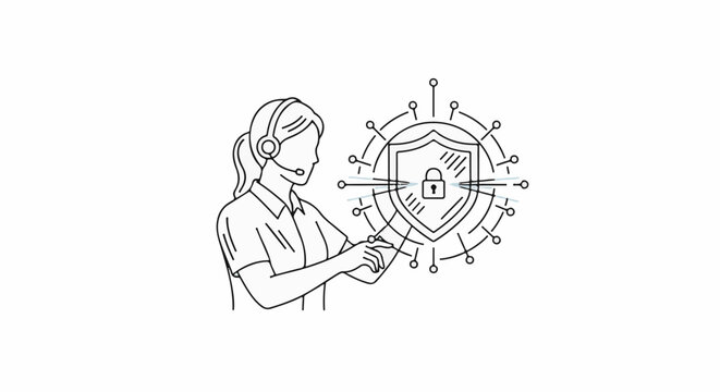 Operator interacts with a digital shield icon symbolizing data security and protection