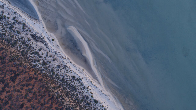 Aerial view of the dramatic meeting of deep reddish-brown land, a pristine white sandy shore, and the tranquil turquoise waters, Denham, Western Australia, Australia.