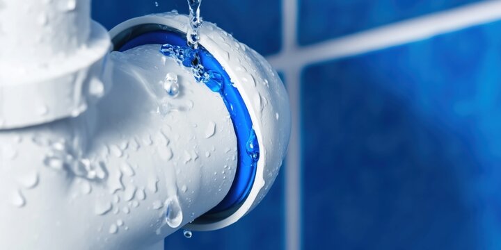 Close-up of a white PVC pipe with visible water leaks and dripping droplets