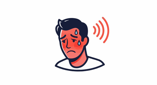 Illustration of a person feeling overheated with sweat and radiating heat waves