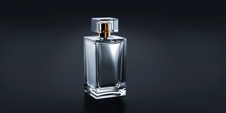 Elegant square glass perfume bottle with gold accent on dark background