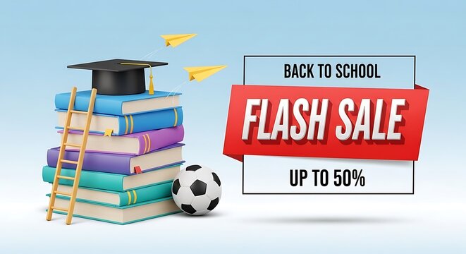 Back to school flash sale banner with books and soccer ball on blue background