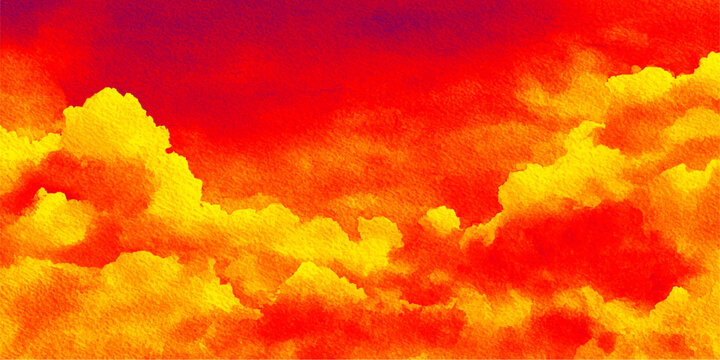 An abstract watercolor art illustration of a burning inferno with fire flames in the sky featuring a hot orange and red grunge texture pattern of smoke and light