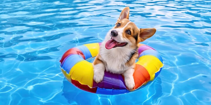 A happy corgi dog floats in a colorful inflatable ring in a sparkling blue swimming pool