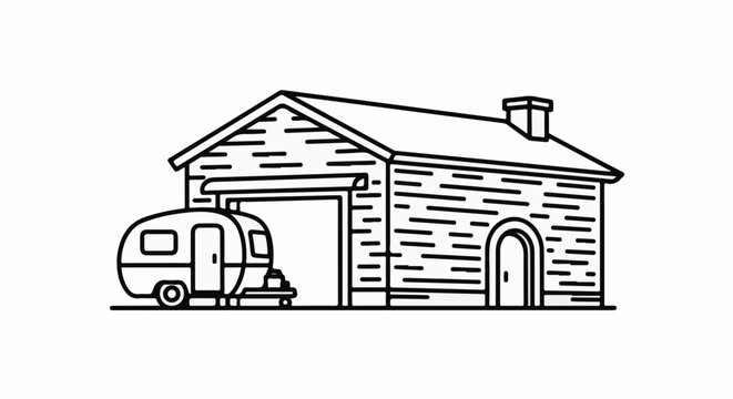 A line art illustration of a building with a garage and a small trailer