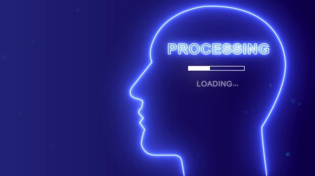 Neural processing concept with neon human head silhouette, artificial intelligence and digital intelligence background.