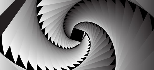 3d render of abstract black and white art of surreal 3d background with part of turbine jet engine with sharp blades in matte metal material or funnel in spiral pattern with hole in the centre © selaras