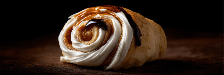 Obraz premium Cinnamon roll sweet pastry dessert icing swirl close up macro baked brown creamy indulgent delicious rustic wooden background snack treat bakery breakfast frosting glaze sugar homemade fresh