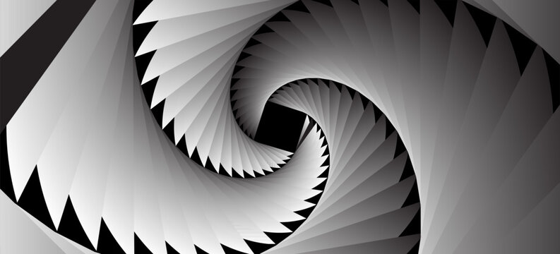 3d render of abstract black and white art of surreal 3d background with part of turbine jet engine with sharp blades in matte metal material or funnel in spiral pattern with hole in the centre