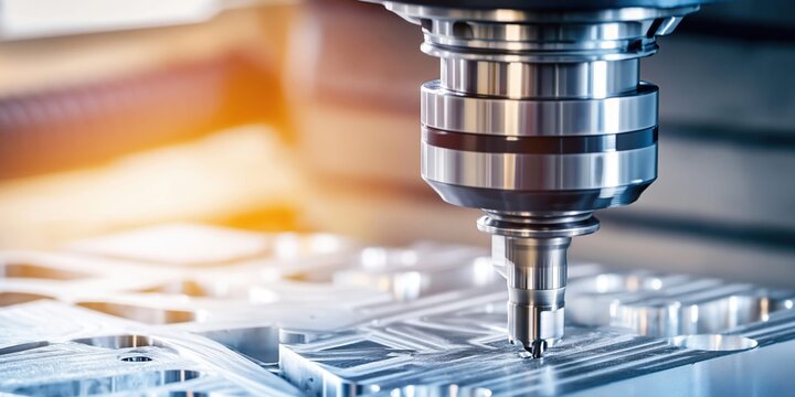 Precision CNC machine drill bit working on metal workpiece with bright light flare