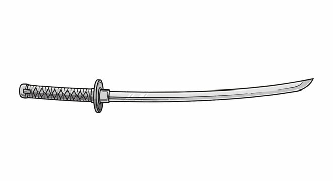 A silver katana with a detailed braided handle and a curved, sharp blade
