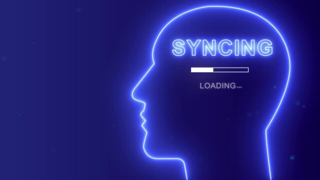 Mind syncing concept with neon human head silhouette, artificial intelligence and digital connection background.