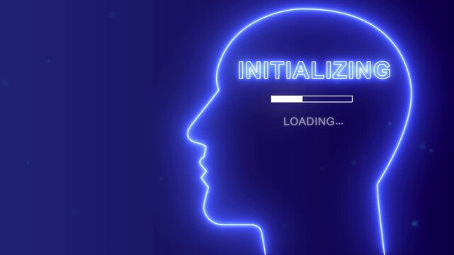Mind initializing concept with neon human head silhouette, Artificial intelligence and digital intelligence background.