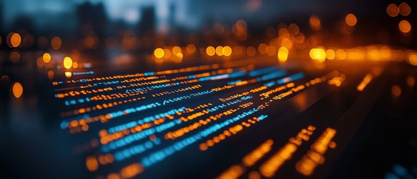 The lines of code on the screen, set against the backdrop of the city lights, provide a high-tech setting for articles on programming.