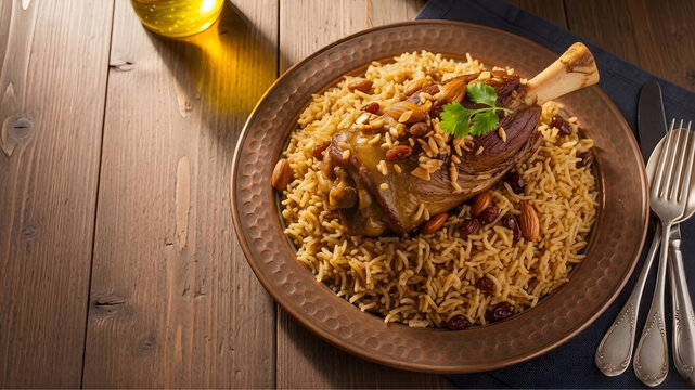 Traditional Arabic Lamb Mandi Rice with Slow-Cooked Mutton Shank, Raisins and Almonds on Authentic Copper Plate, Gourmet Middle Eastern Cuisine with Copy Space