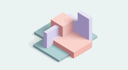 Fototapeta premium Isometric architectural composition with vibrant colors and geometric forms on a light backdrop