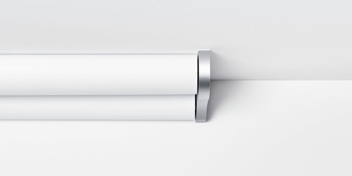 Close-up of a white roller shade mechanism with a sleek metallic bracket