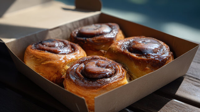 Fresh cinnamon roll sweet pastry baked dessert golden brown sticky glaze takeaway box breakfast treat bakery product homemade delicious snack
